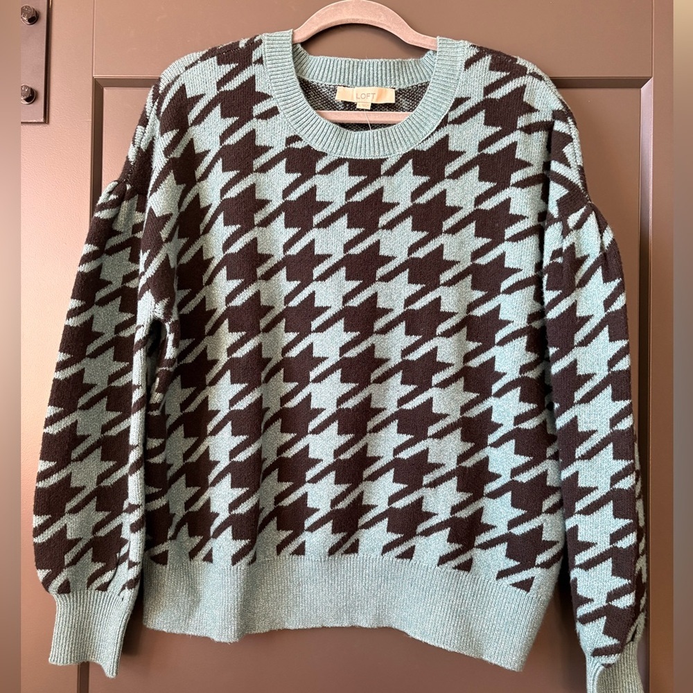 LOFT Houndstooth Sweater in Black and Teal
